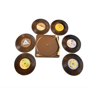 7 piece vinyl record player and records coaster set